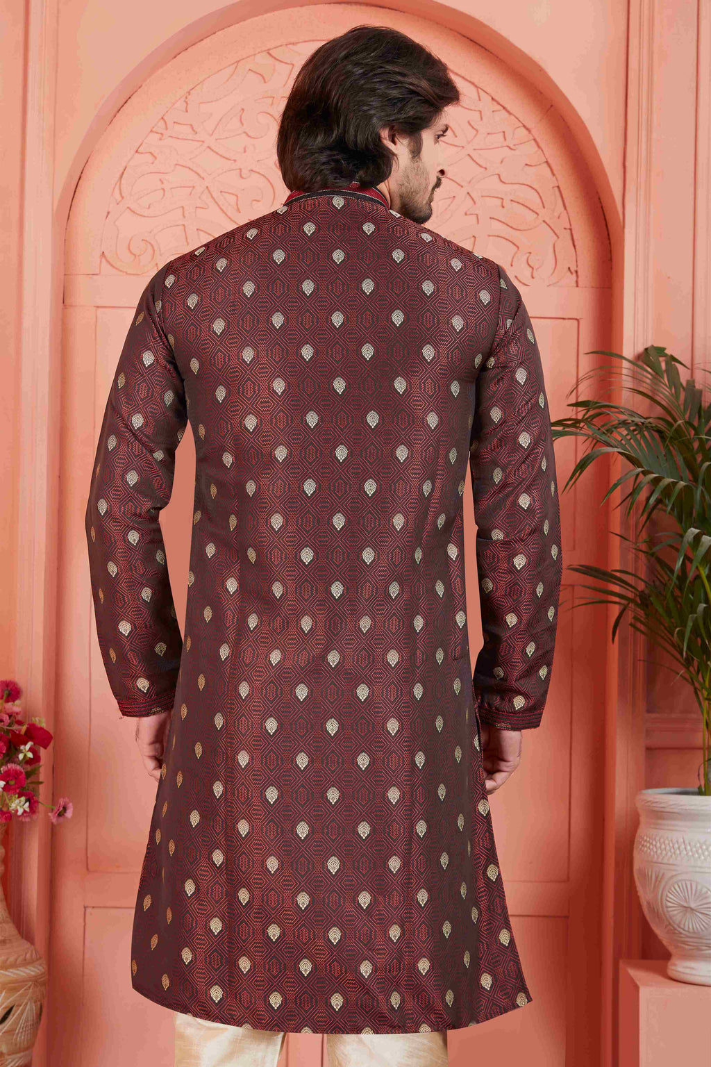 Raivat Ethnic Men's Jacquard Silk Brocade Pintux Work Kurta Pyjama In Brown Colour | Grocsy