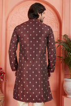 Raivat Ethnic Men's Jacquard Silk Brocade Pintux Work Kurta Pyjama In Brown Colour | Grocsy