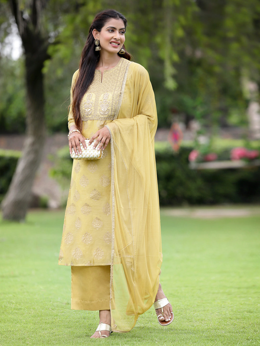 Juniper Mustard Chanderi Festive Embroidered Placement Printed A-line Kurta Set | Grocsy