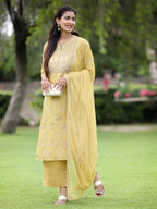 Juniper Mustard Chanderi Festive Embroidered Placement Printed A-line Kurta Set | Grocsy