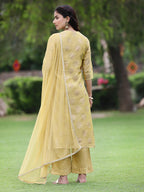 Juniper Mustard Chanderi Festive Embroidered Placement Printed A-line Kurta Set | Grocsy