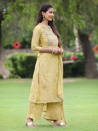 Juniper Mustard Chanderi Festive Embroidered Placement Printed A-line Kurta Set | Grocsy