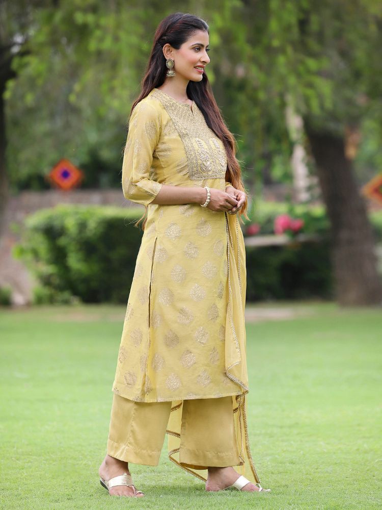 Juniper Mustard Chanderi Festive Embroidered Placement Printed A-line Kurta Set | Grocsy