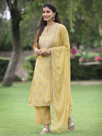 Juniper Mustard Chanderi Festive Embroidered Placement Printed A-line Kurta Set | Grocsy