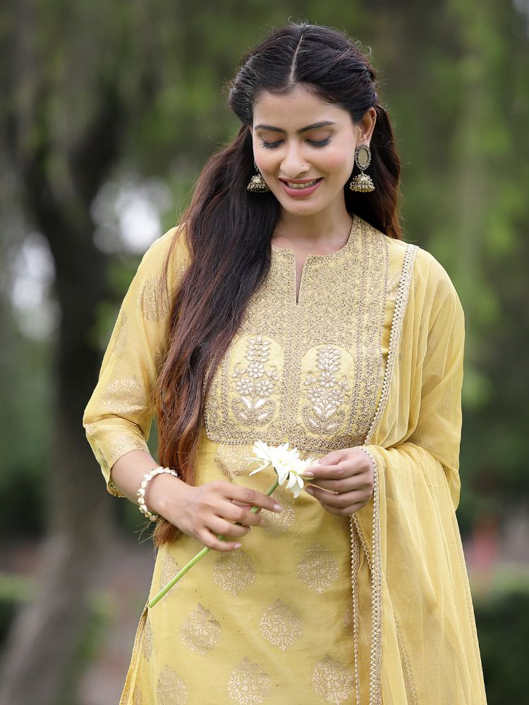 Juniper Mustard Chanderi Festive Embroidered Placement Printed A-line Kurta Set | Grocsy