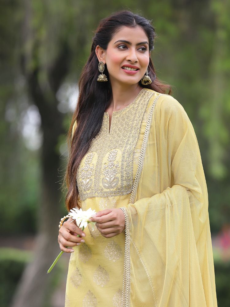Juniper Mustard Chanderi Festive Embroidered Placement Printed A-line Kurta Set | Grocsy