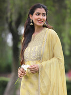 Juniper Mustard Chanderi Festive Embroidered Placement Printed A-line Kurta Set | Grocsy