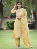 Juniper Mustard Chanderi Festive Embroidered Placement Printed A-line Kurta Set | Grocsy
