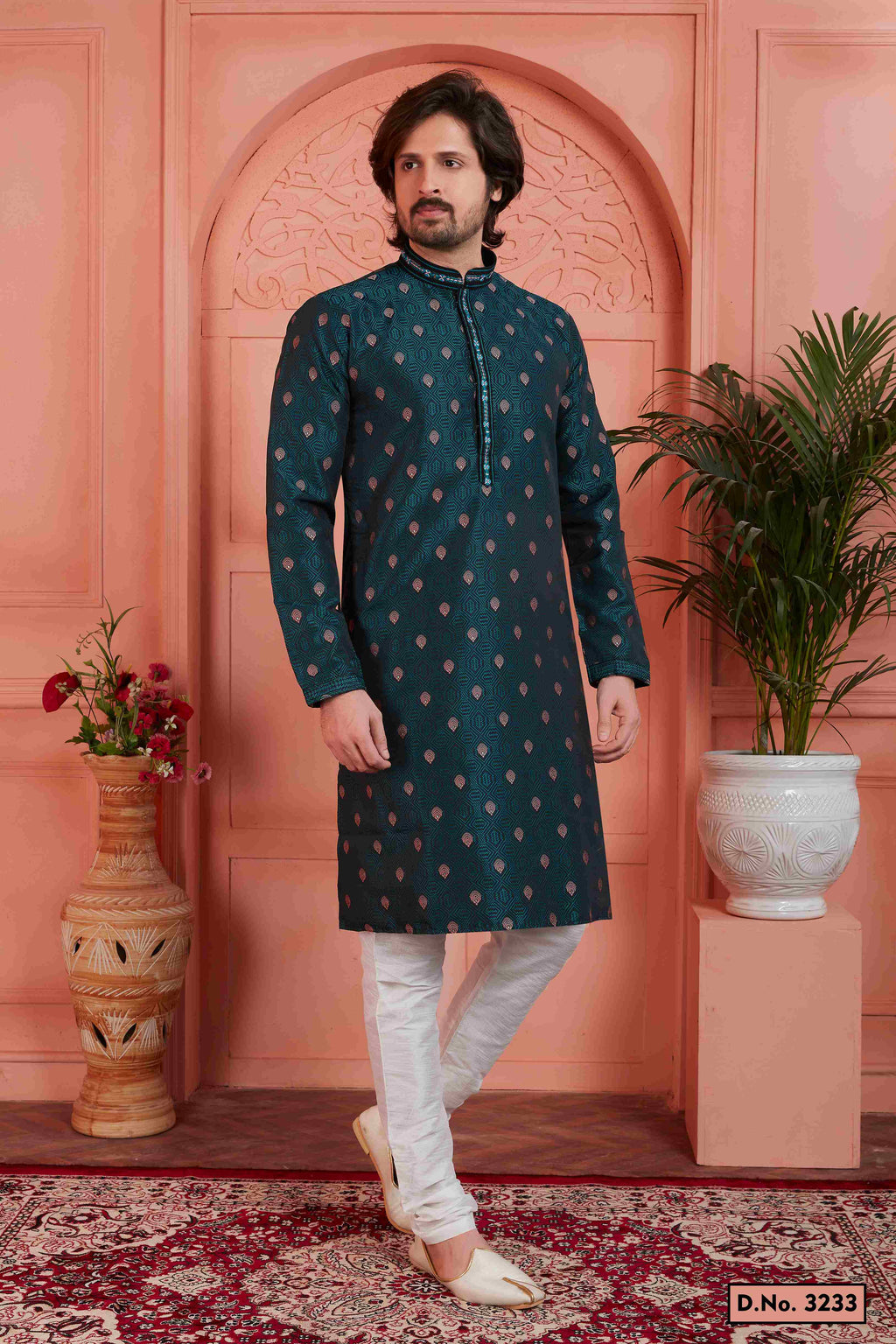 Raivat Ethnic Men's Jacquard Silk Brocade Pintux Work Kurta Pyjama In Teal Blue Colour | Grocsy