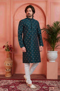 Raivat Ethnic Men's Jacquard Silk Brocade Pintux Work Kurta Pyjama In Teal Blue Colour | Grocsy