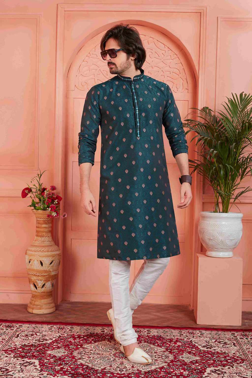 Raivat Ethnic Men's Jacquard Silk Brocade Pintux Work Kurta Pyjama In Teal Blue Colour | Grocsy