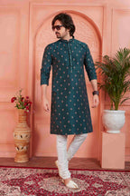 Raivat Ethnic Men's Jacquard Silk Brocade Pintux Work Kurta Pyjama In Teal Blue Colour | Grocsy