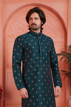 Raivat Ethnic Men's Jacquard Silk Brocade Pintux Work Kurta Pyjama In Teal Blue Colour | Grocsy