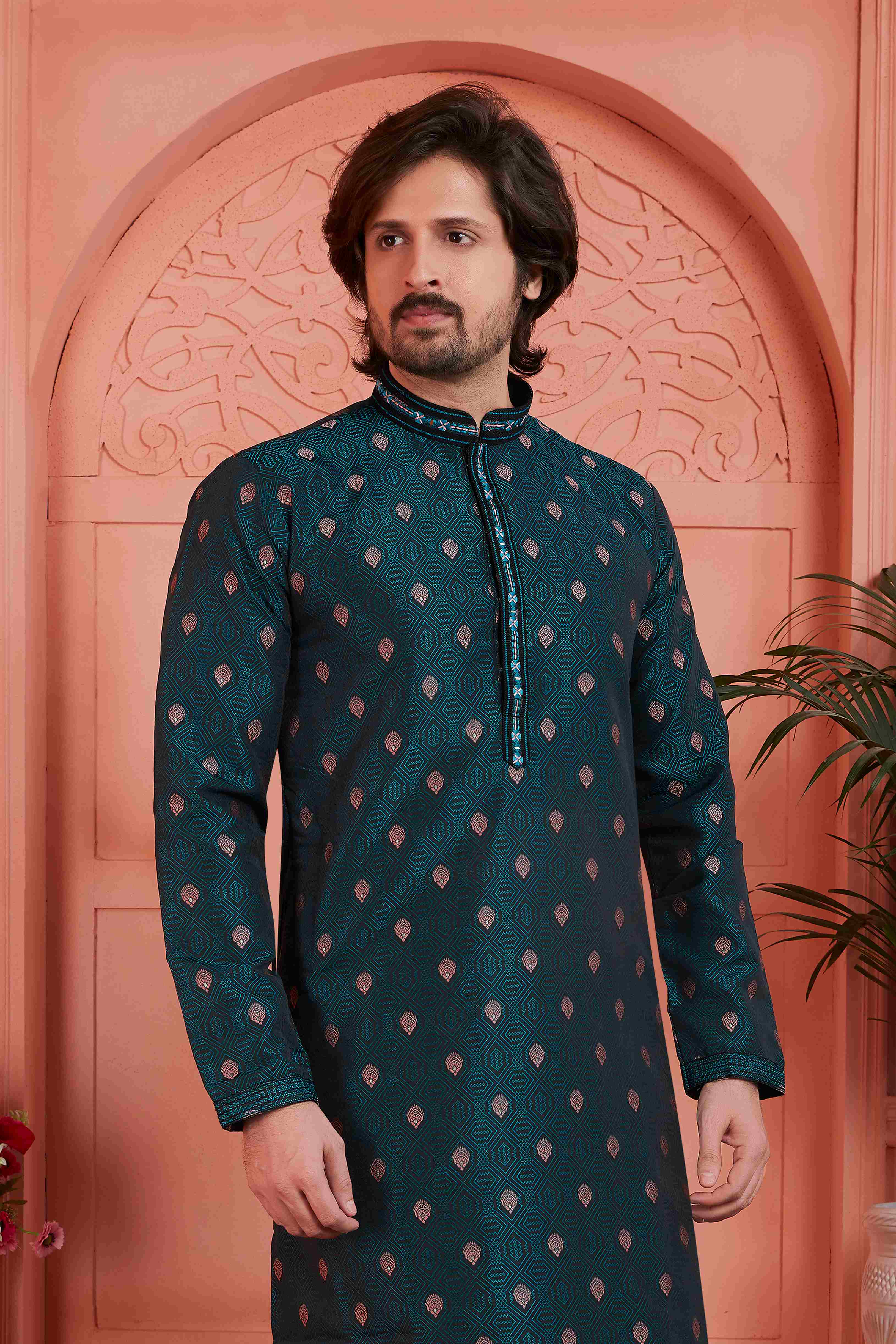 Raivat Ethnic Men's Jacquard Silk Brocade Pintux Work Kurta Pyjama In Teal Blue Colour | Grocsy