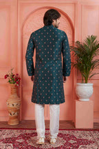 Raivat Ethnic Men's Jacquard Silk Brocade Pintux Work Kurta Pyjama In Teal Blue Colour | Grocsy
