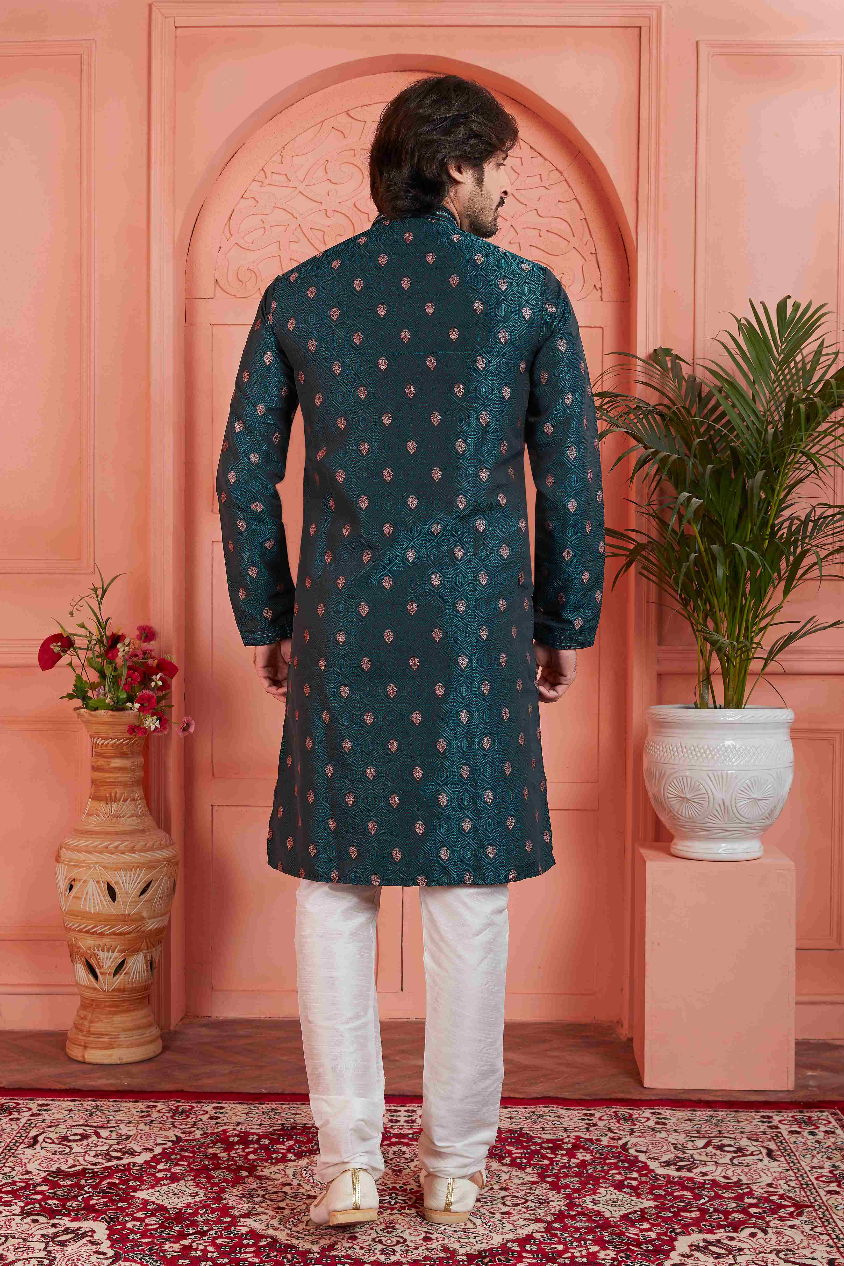Raivat Ethnic Men's Jacquard Silk Brocade Pintux Work Kurta Pyjama In Teal Blue Colour | Grocsy