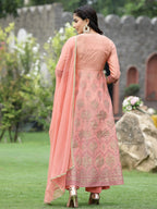 Juniper Peach Chanderi Festive Embroidered Floral Print Flared Kurta Set | Grocsy