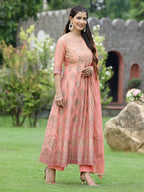 Juniper Peach Chanderi Festive Embroidered Floral Print Flared Kurta Set | Grocsy