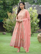 Juniper Peach Chanderi Festive Embroidered Floral Print Flared Kurta Set | Grocsy