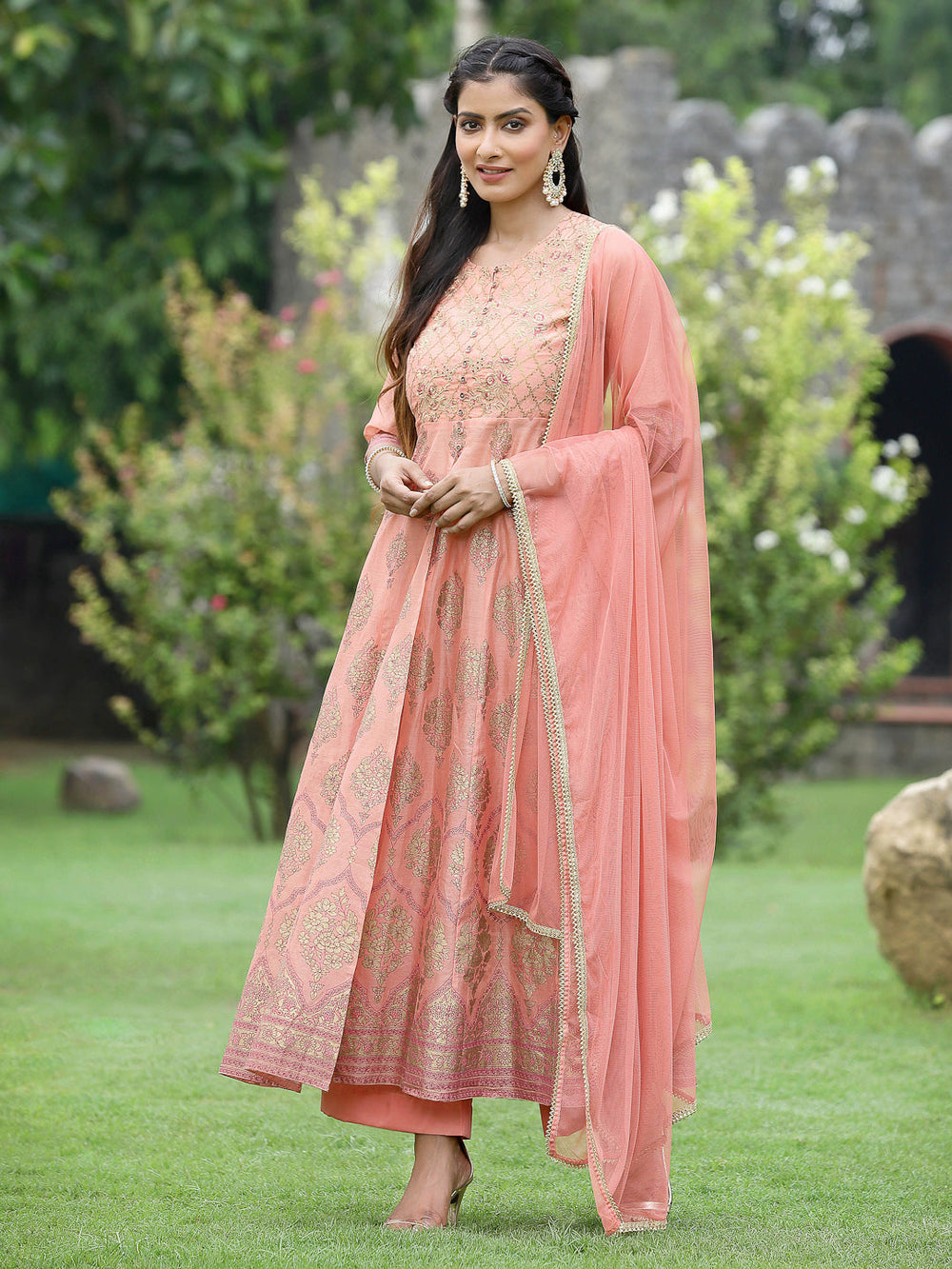 Juniper Peach Chanderi Festive Embroidered Floral Print Flared Kurta Set | Grocsy
