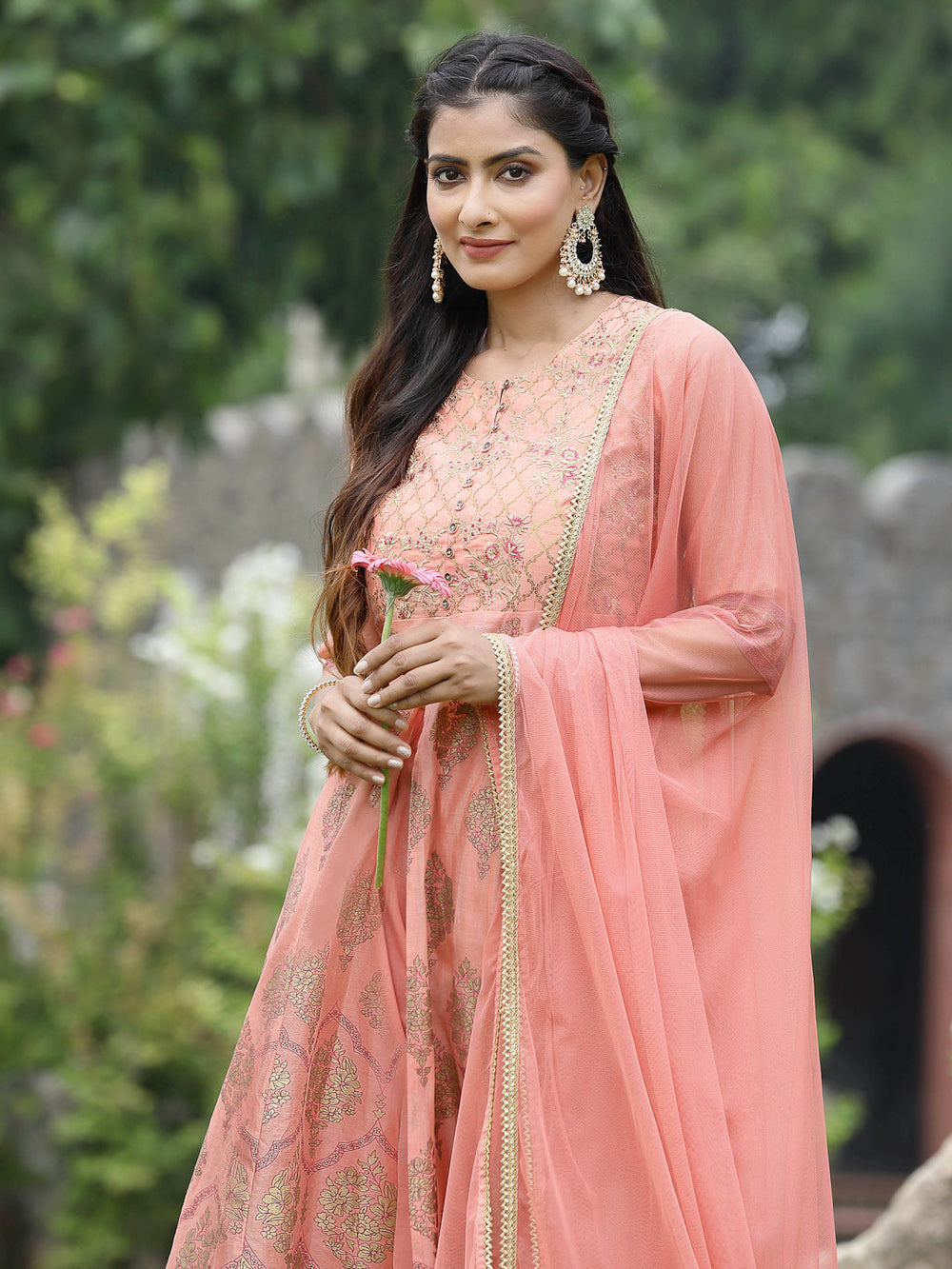 Juniper Peach Chanderi Festive Embroidered Floral Print Flared Kurta Set | Grocsy