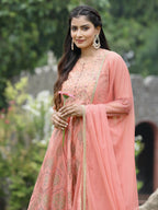 Juniper Peach Chanderi Festive Embroidered Floral Print Flared Kurta Set | Grocsy