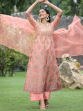 Juniper Peach Chanderi Festive Embroidered Floral Print Flared Kurta Set | Grocsy