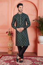 Raivat Ethnic Men's Jacquard Silk Brocade Pintux Work Kurta Pyjama In Dark Green Colour | Grocsy