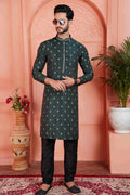 Raivat Ethnic Men's Jacquard Silk Brocade Pintux Work Kurta Pyjama In Dark Green Colour | Grocsy