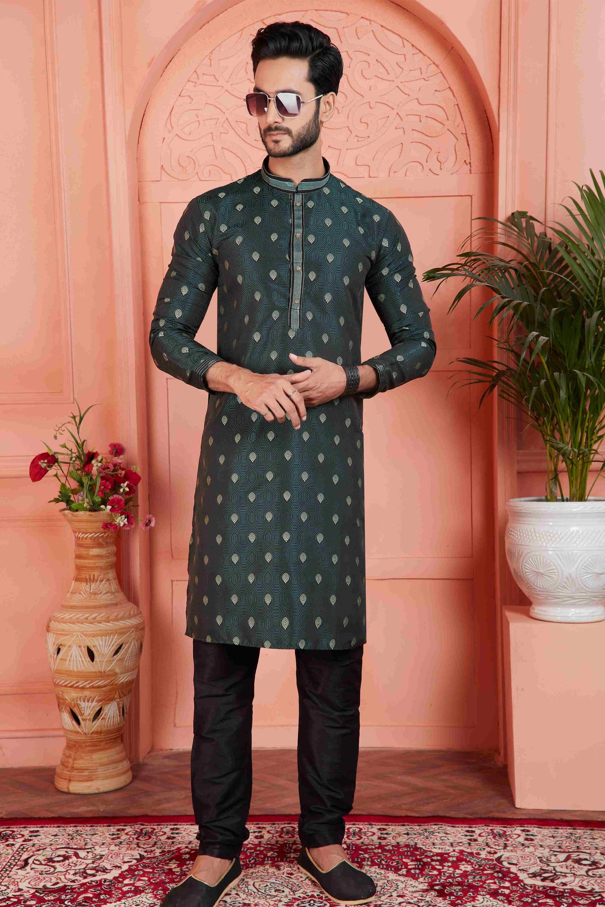 Raivat Ethnic Men's Jacquard Silk Brocade Pintux Work Kurta Pyjama In Dark Green Colour | Grocsy