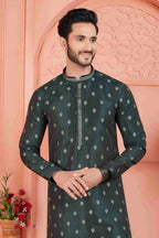 Raivat Ethnic Men's Jacquard Silk Brocade Pintux Work Kurta Pyjama In Dark Green Colour | Grocsy