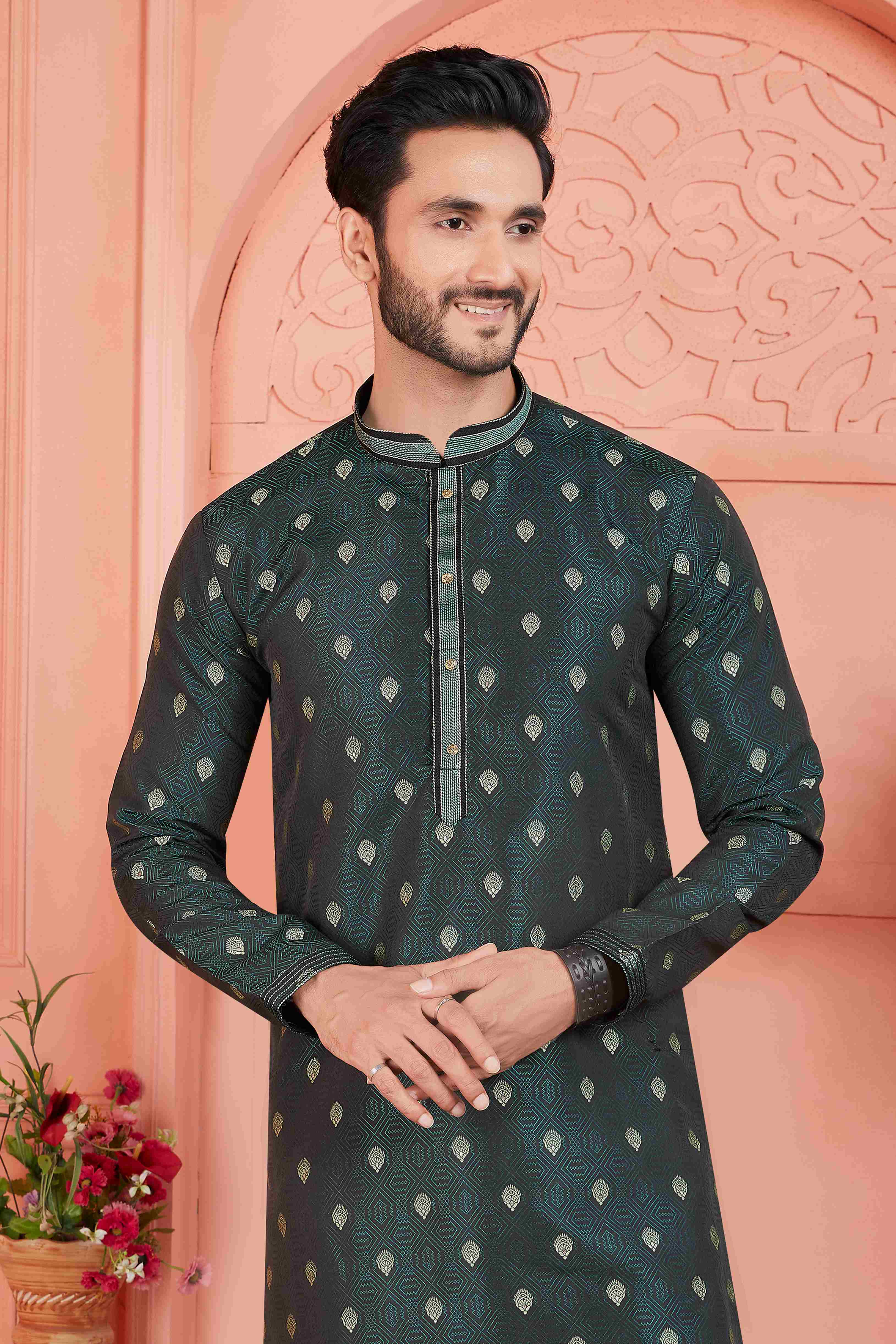 Raivat Ethnic Men's Jacquard Silk Brocade Pintux Work Kurta Pyjama In Dark Green Colour | Grocsy