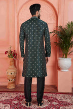 Raivat Ethnic Men's Jacquard Silk Brocade Pintux Work Kurta Pyjama In Dark Green Colour | Grocsy