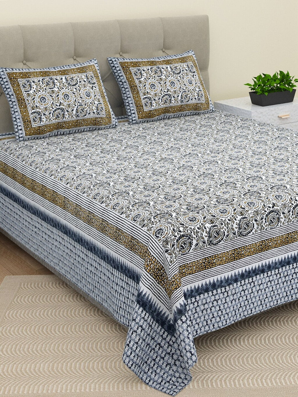 BELLA CASA Ethic White & Blue Printed Cotton 180 TC King Bedsheet with 2 Pillow Covers | Grocsy