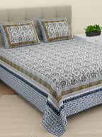 BELLA CASA Ethic White & Blue Printed Cotton 180 TC King Bedsheet with 2 Pillow Covers | Grocsy
