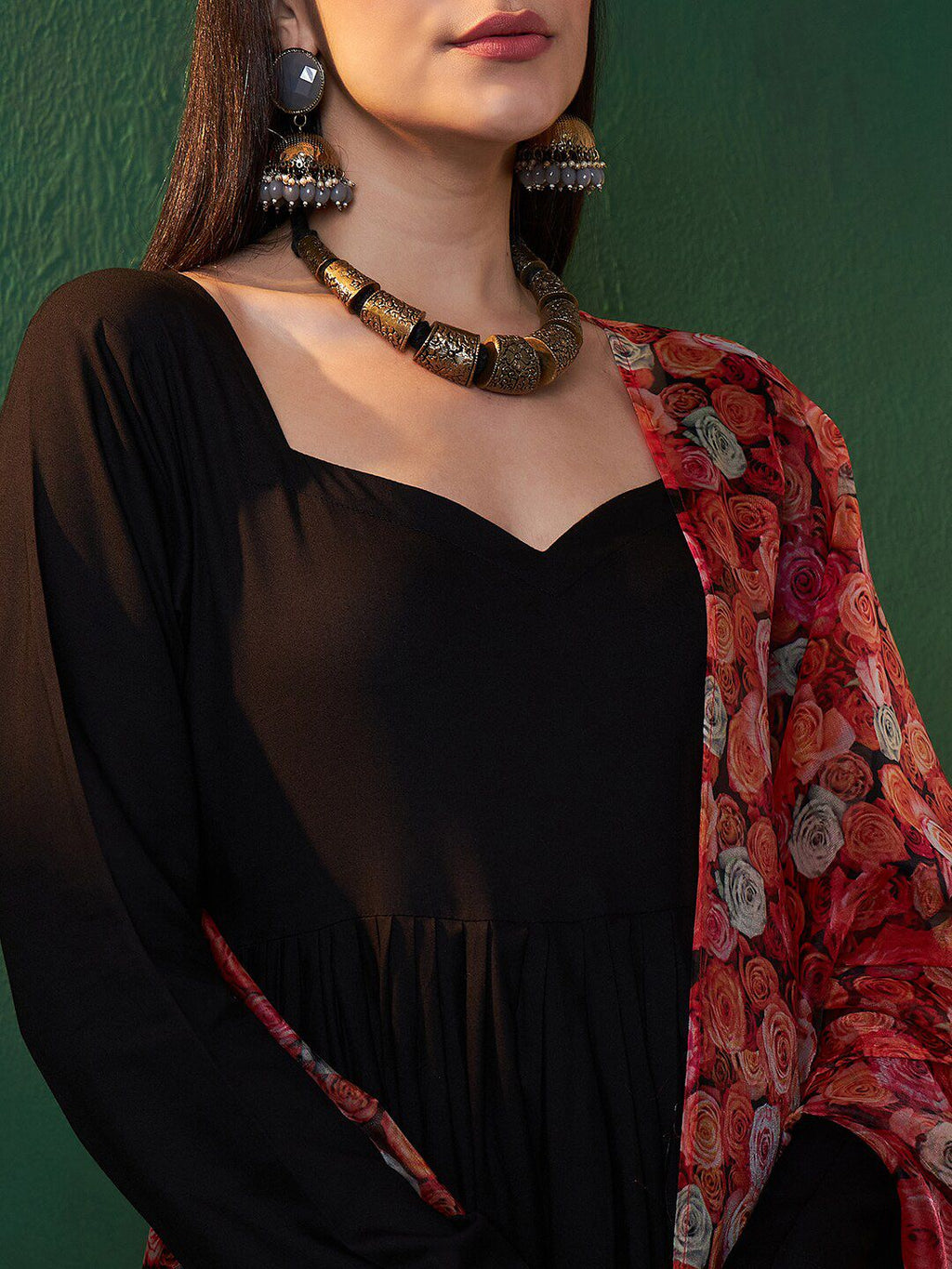Sangria Black Sweetheart Neck Anarkali Kurta With Dupatta | Grocsy