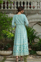 Juniper Sky Blue Georgette Festive Printed Flared Maxi For Women | Grocsy