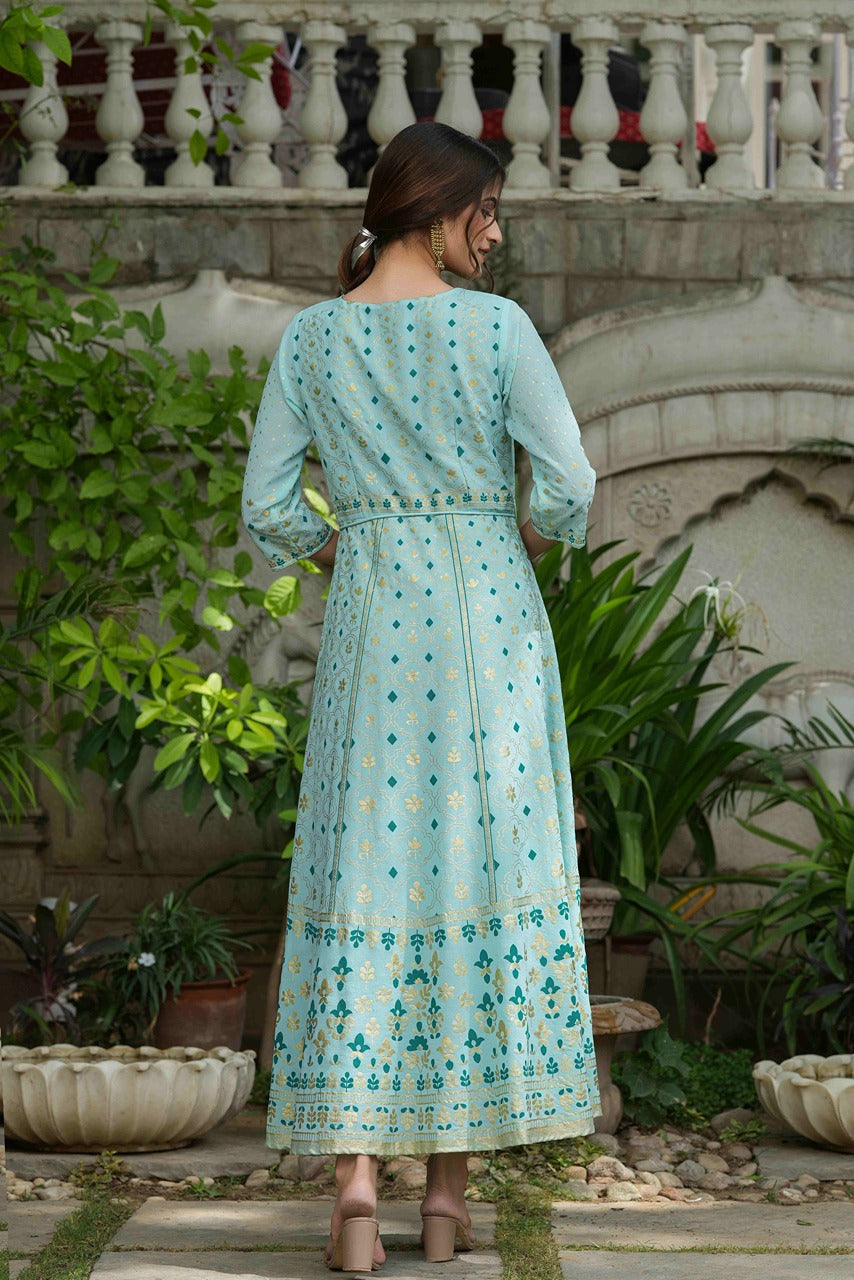 Juniper Sky Blue Georgette Festive Printed Flared Maxi For Women | Grocsy