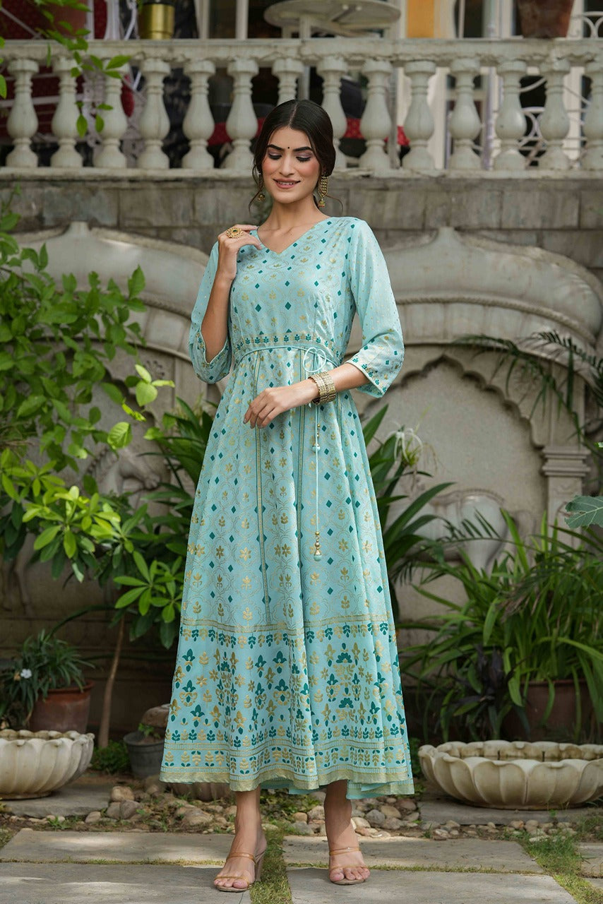 Juniper Sky Blue Georgette Festive Printed Flared Maxi For Women | Grocsy