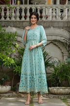 Juniper Sky Blue Georgette Festive Printed Flared Maxi For Women | Grocsy