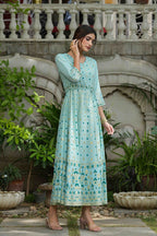 Juniper Sky Blue Georgette Festive Printed Flared Maxi For Women | Grocsy
