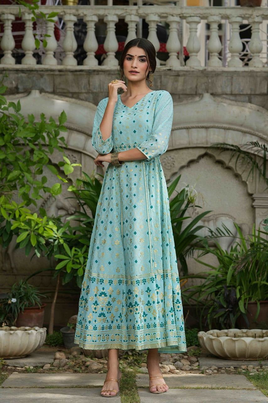 Juniper Sky Blue Georgette Festive Printed Flared Maxi For Women | Grocsy