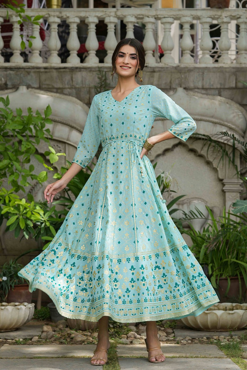 Juniper Sky Blue Georgette Festive Printed Flared Maxi For Women | Grocsy