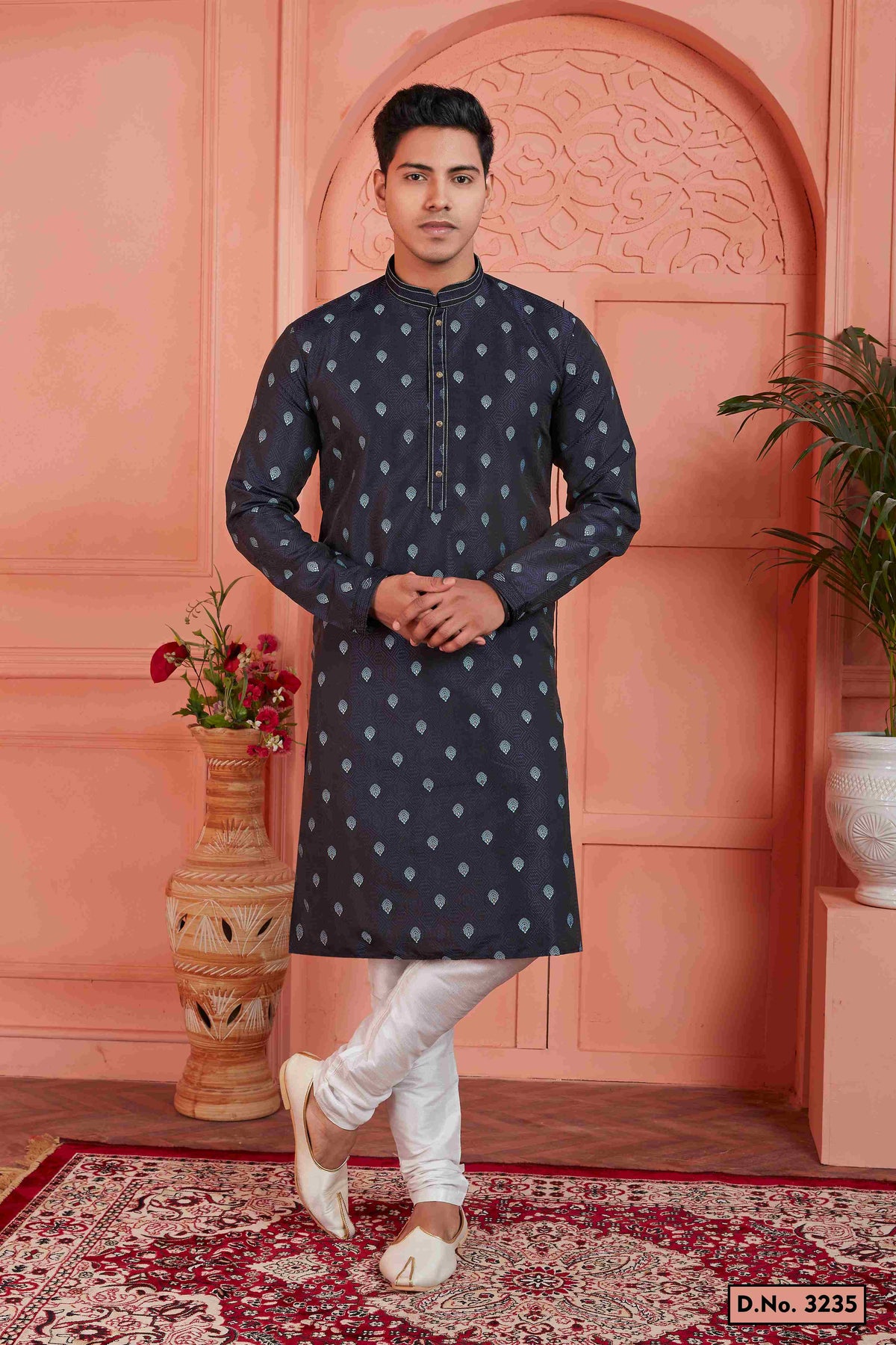 Raivat Ethnic Men's Jacquard Silk Brocade Pintux Work Kurta Pyjama In Blue Colour | Grocsy