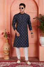 Raivat Ethnic Men's Jacquard Silk Brocade Pintux Work Kurta Pyjama In Blue Colour | Grocsy