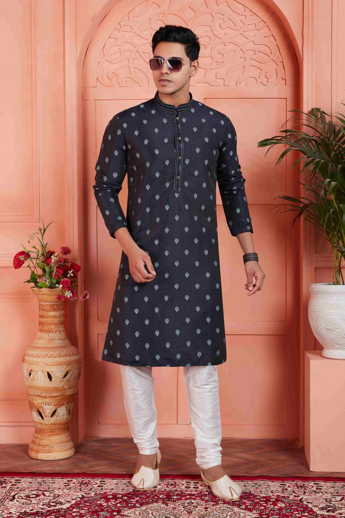 Raivat Ethnic Men's Jacquard Silk Brocade Pintux Work Kurta Pyjama In Blue Colour | Grocsy