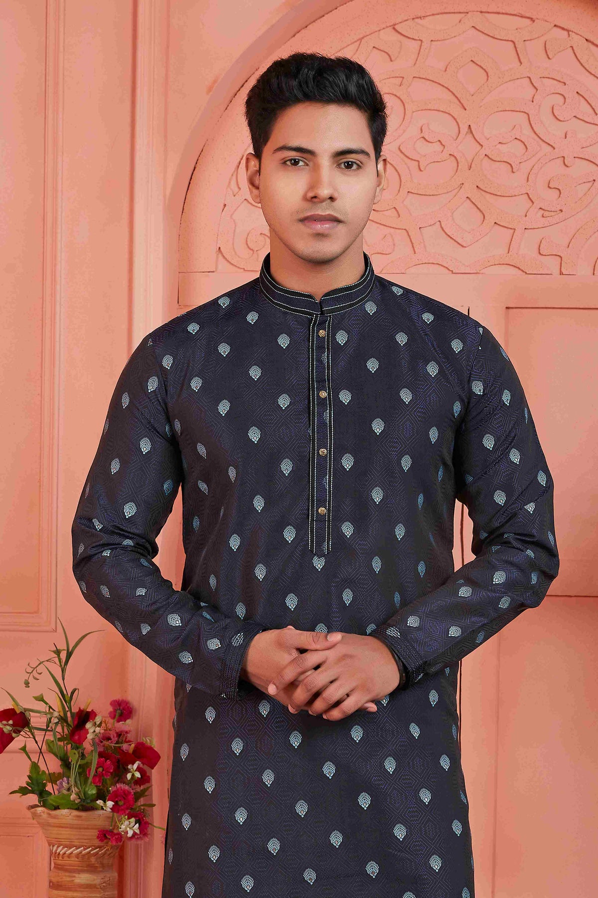 Raivat Ethnic Men's Jacquard Silk Brocade Pintux Work Kurta Pyjama In Blue Colour | Grocsy