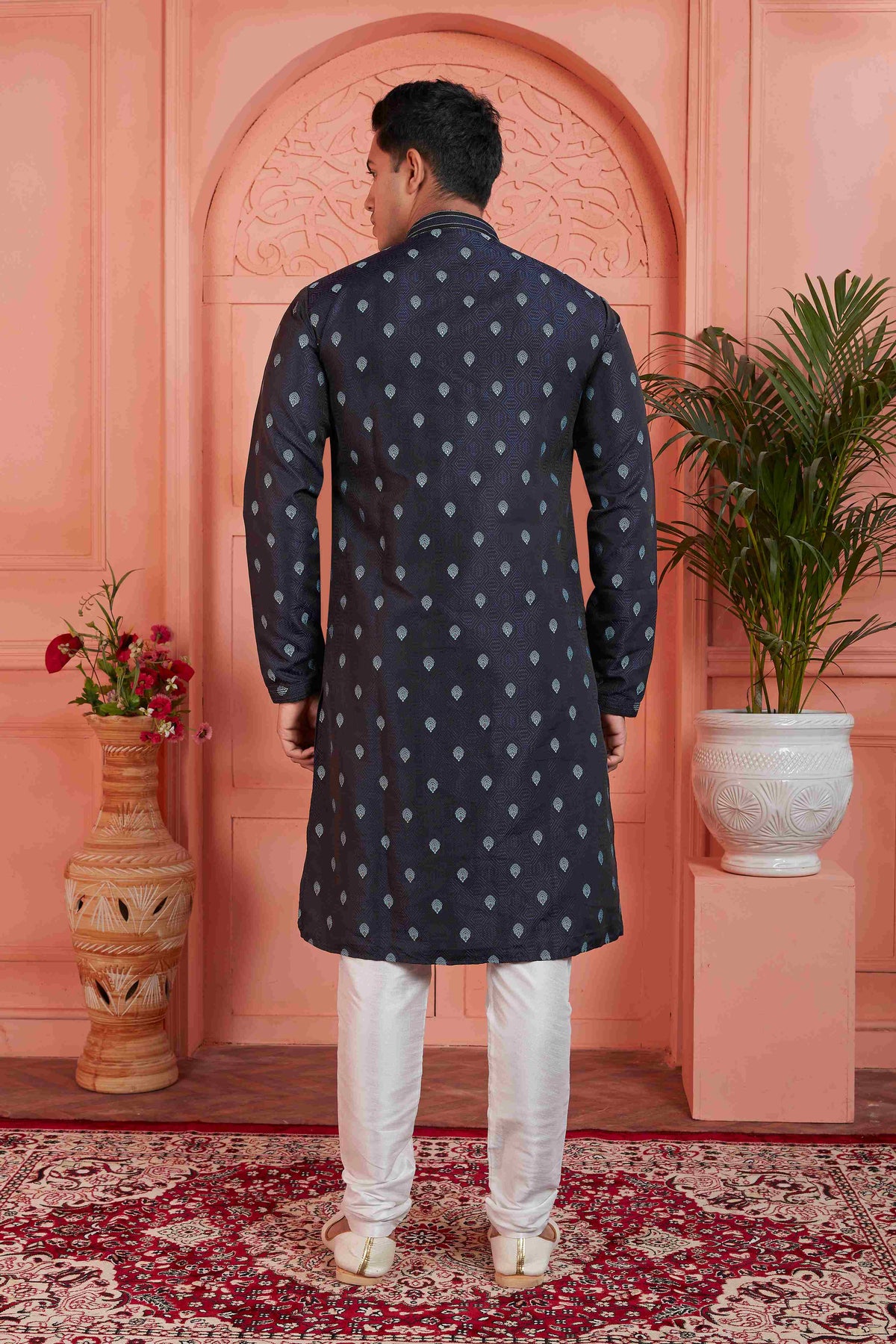 Raivat Ethnic Men's Jacquard Silk Brocade Pintux Work Kurta Pyjama In Blue Colour | Grocsy