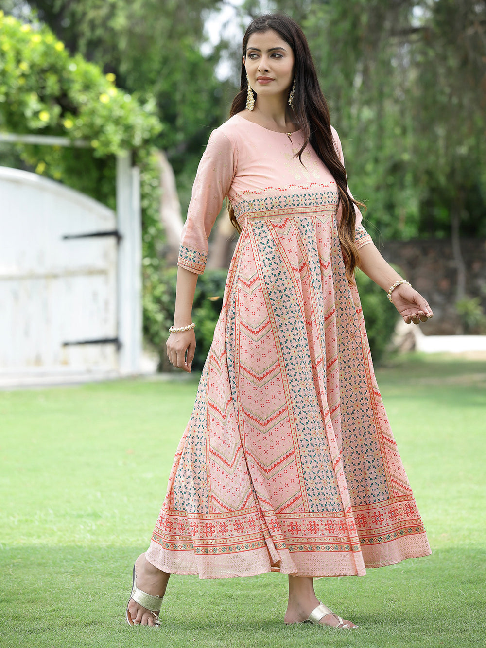 Juniper Peach Georgette Festive Printed Flared Maxi For Women | Grocsy