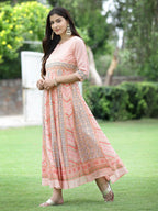 Juniper Peach Georgette Festive Printed Flared Maxi For Women | Grocsy